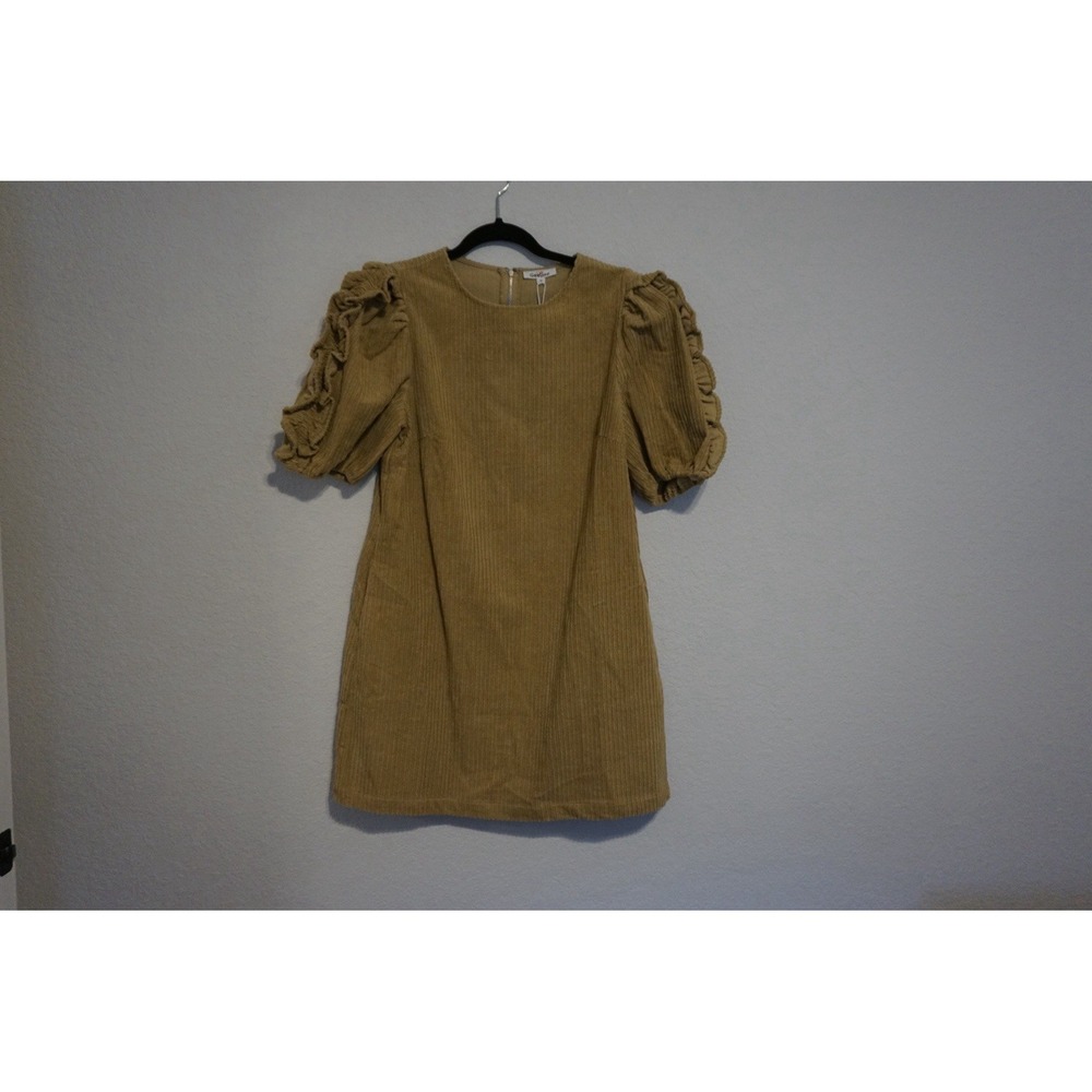 GeeGee Corduroy Ruffle Puff Sleeve Mini Dress Mustard Tan Small MD50773 - Picture 2 of 9